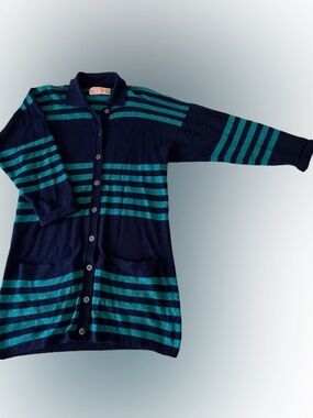 Striped Navy and Teal Button-Up Cardigan Sweater